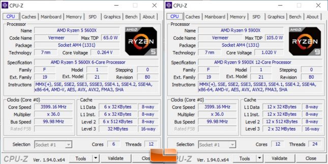 AMD Ryzen 5 5600X and Ryzen 9 5900X CPU-Z