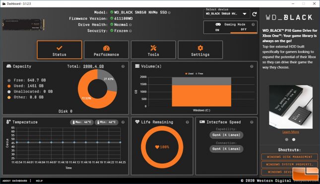 WD Dashboard SN850 SSD