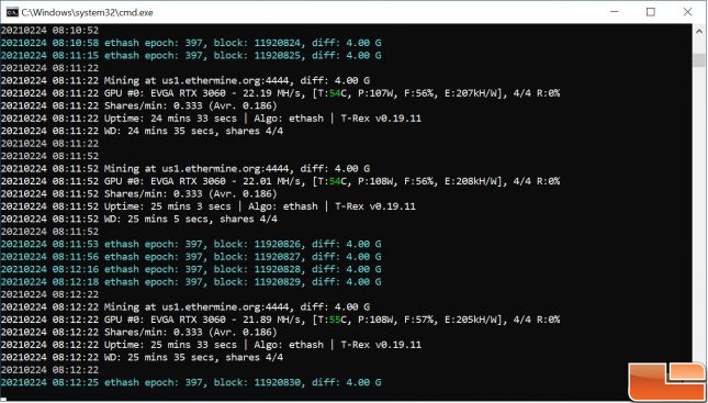 GeForce RTX 3060 ETH Mining Performance on T-Rex