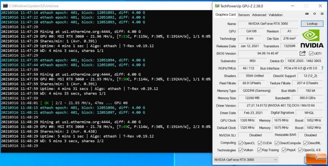 ETH Ethereum Mining on GeForce RTX 3060 Before