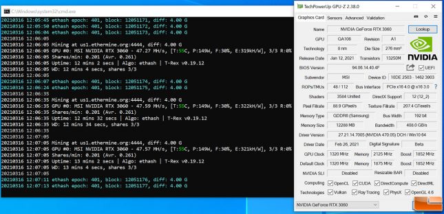 ETH Ethereum Mining on GeForce RTX 3060 - Overclocked Memory +1000MHz