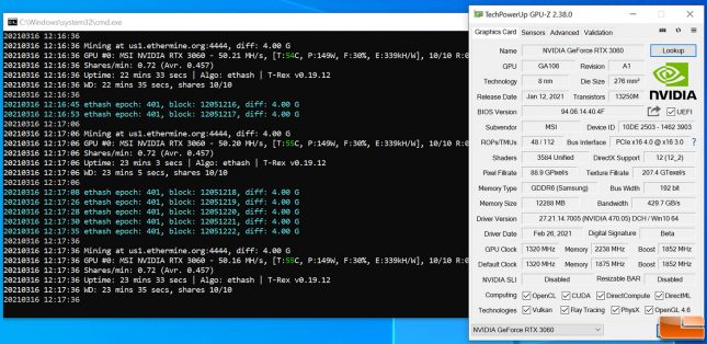 ETH Ethereum Mining on GeForce RTX 3060 - Overclocked Memory +1450MHz