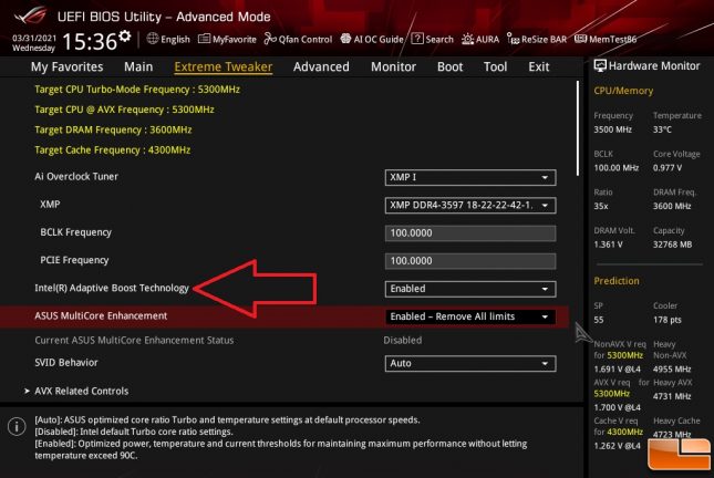 ASUS Z590 BIOS Setting for Intel Adaptive Boost Technology